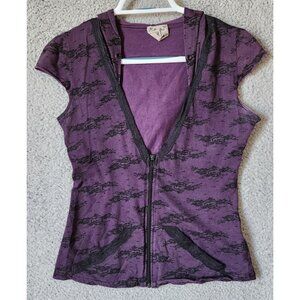 Vtg Y2K Lip Service Women's Sz S S/S Zip Up V Neck Hooded Top Lace Print Purple